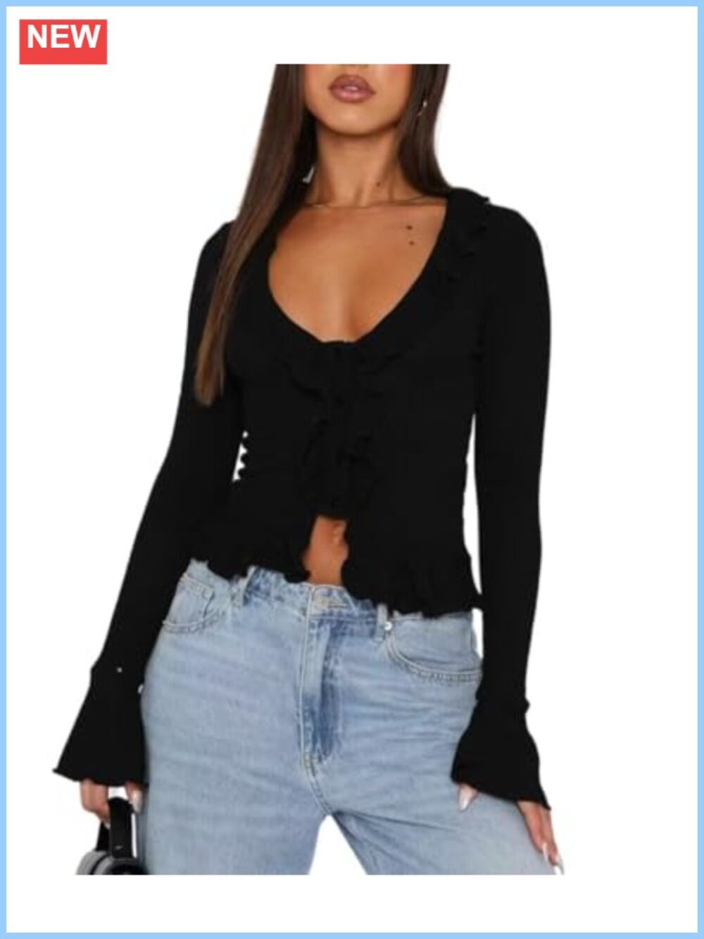 Polyester Women's Deep V Neck Bell Sleeve Button Down Ruffle Crop Top Blouse
